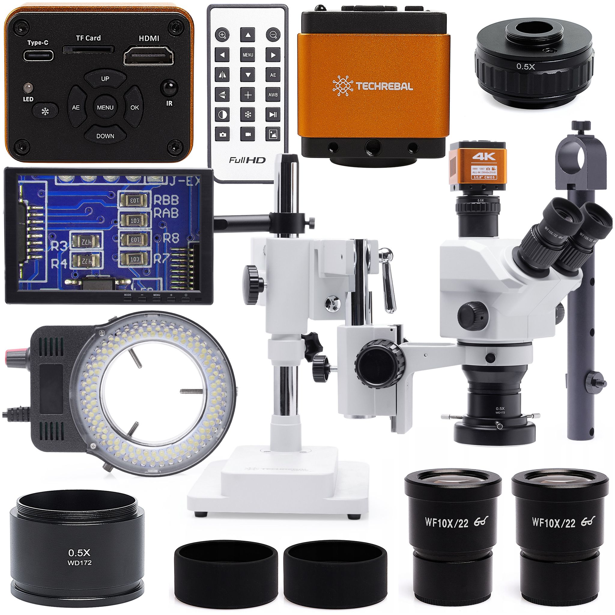 10hw Pro Stereomikroskop + 144-fache Led-beleuchtung + Orange Pro 4k-kamera + 8-zoll-display