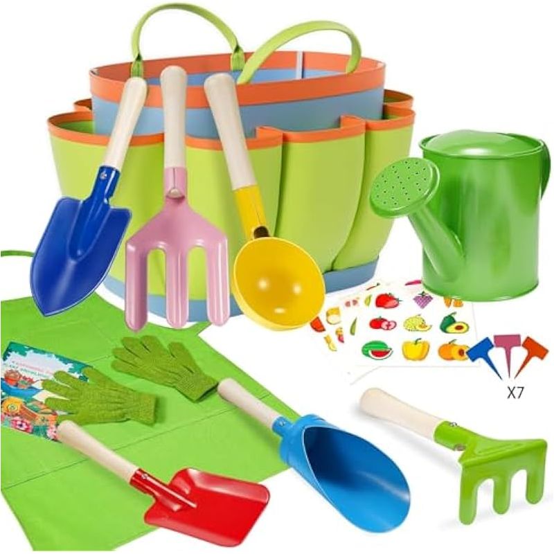 12-teiliges Kinder-garten-set, 20 Cm Löffel, Gabel, Kelle, Rechen, Schaufel, Zylinderschaufel Mit Tasche, Gießkanne, Handschuhe, Schürze, Pflanzenetiketten, Aufkleber Für Garten, Rasen, Graben Im Frei
