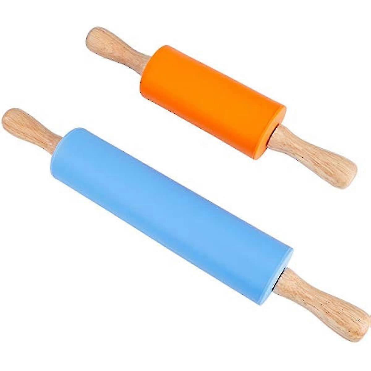 Silikon-nudelholz Mit Antihaftbeschichtung, Mittlere Und Kleine Größe, Holzgriff, 2er-pack (blau & Orange) Zum Backen Von Pizza Und Keksen
