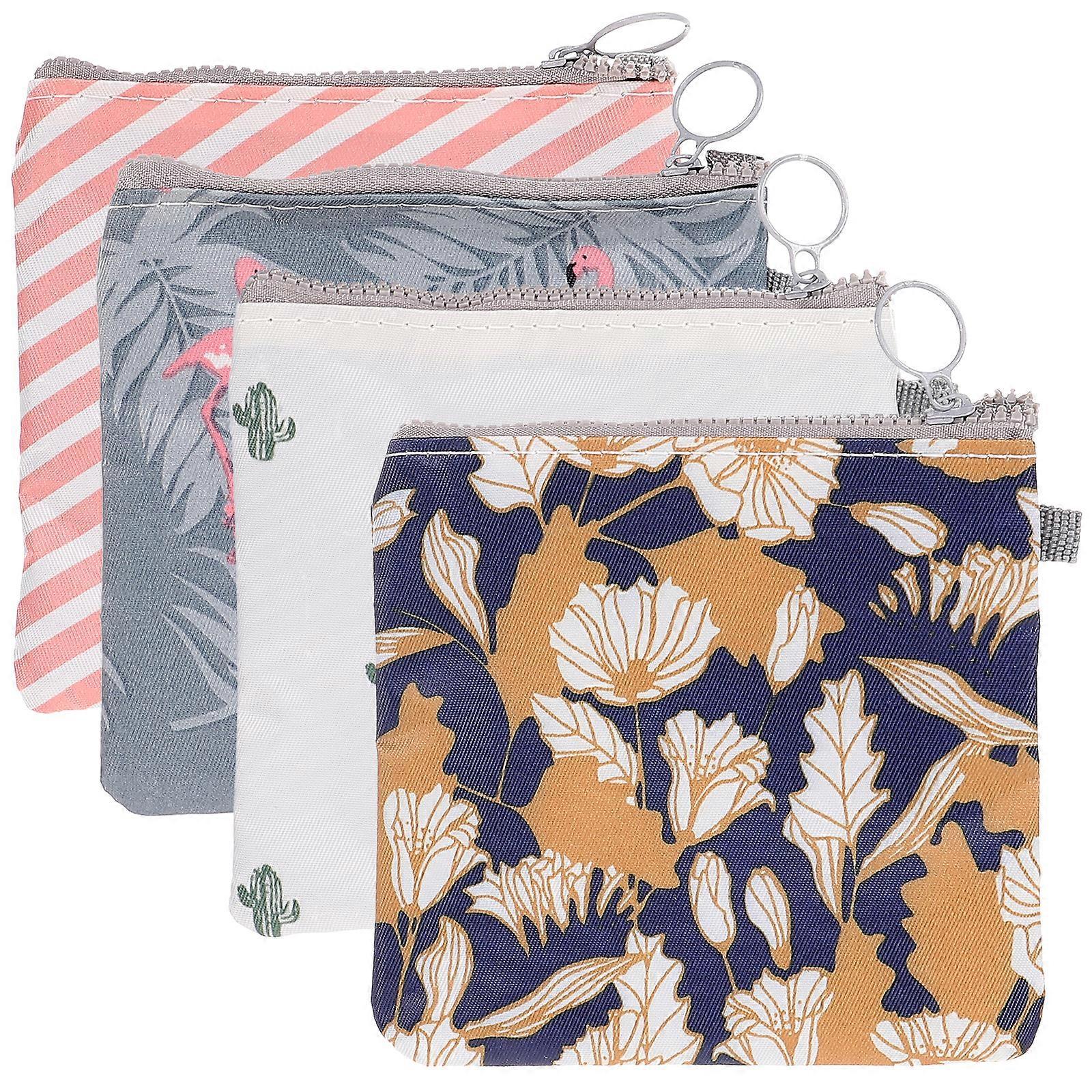 4er-packung Damenbinden- Und Tamponbeutel Mit Reißverschluss, Sammelbeutel Für Frauen Und Mädchen (kaktus, Flamingo, Blume, Streifen, Je 1 Stück)-13.00x13.00x1.00cm