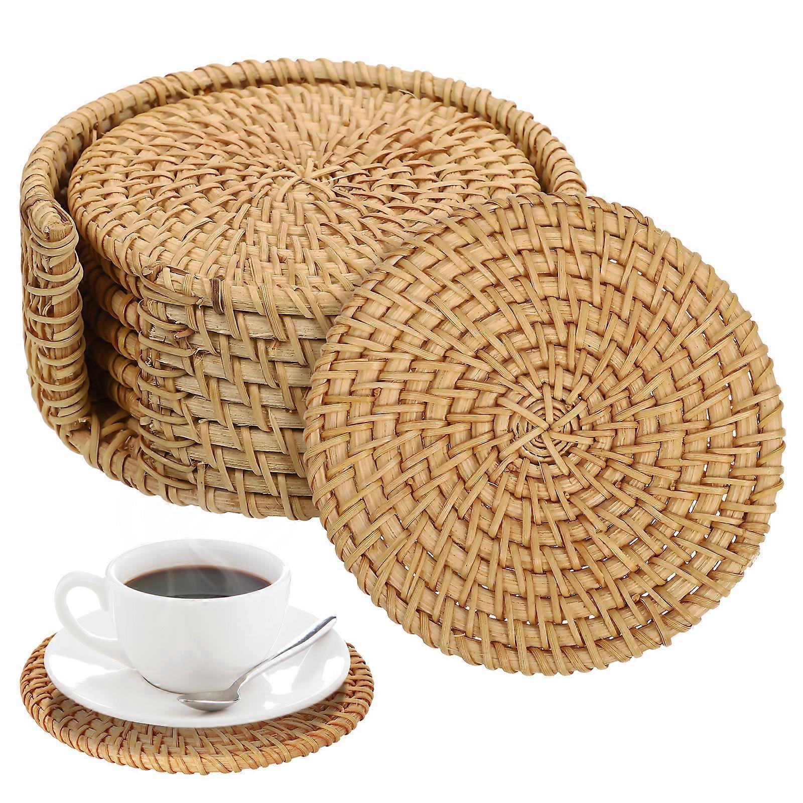 Set Rattan-untersetzer, Tassenuntersetzer, Boho-untersetzer, Gewebte Untersetzer, Couchtischuntersetzer Mit Halter-10.00x10.00x5.20cm-light Brown