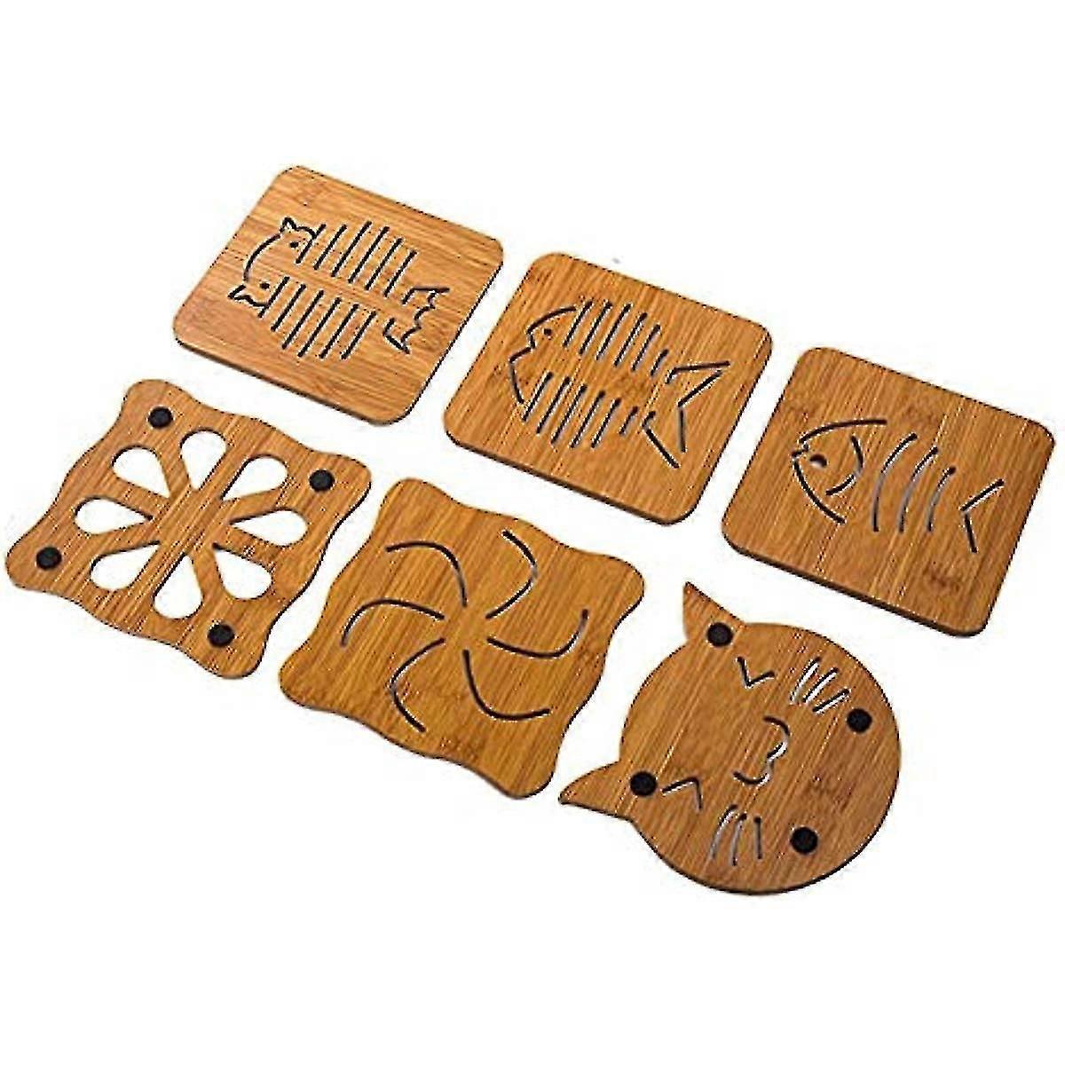 Hohle Untersetzer Aus Holz, Fisch- Und Katzenmotiv Im Cartoon-stil, 6er-pack, Für Tassen, Töpfe Und Pfannen