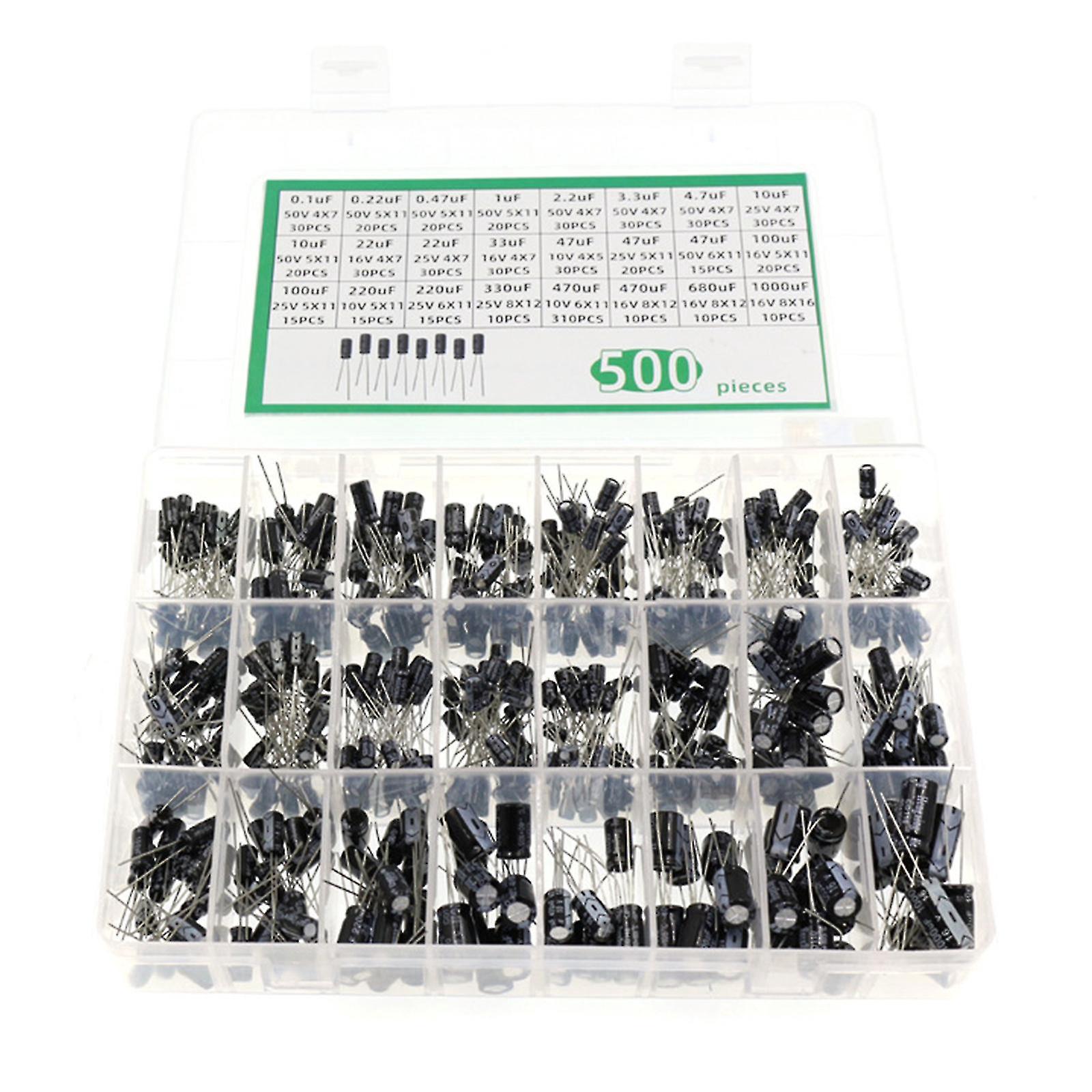 Sortimentssatz Radialer Elektrolytkondensatoren (16–50 V), 24 Werte, 0,1 Μf–1000 Μf, 500 Stück