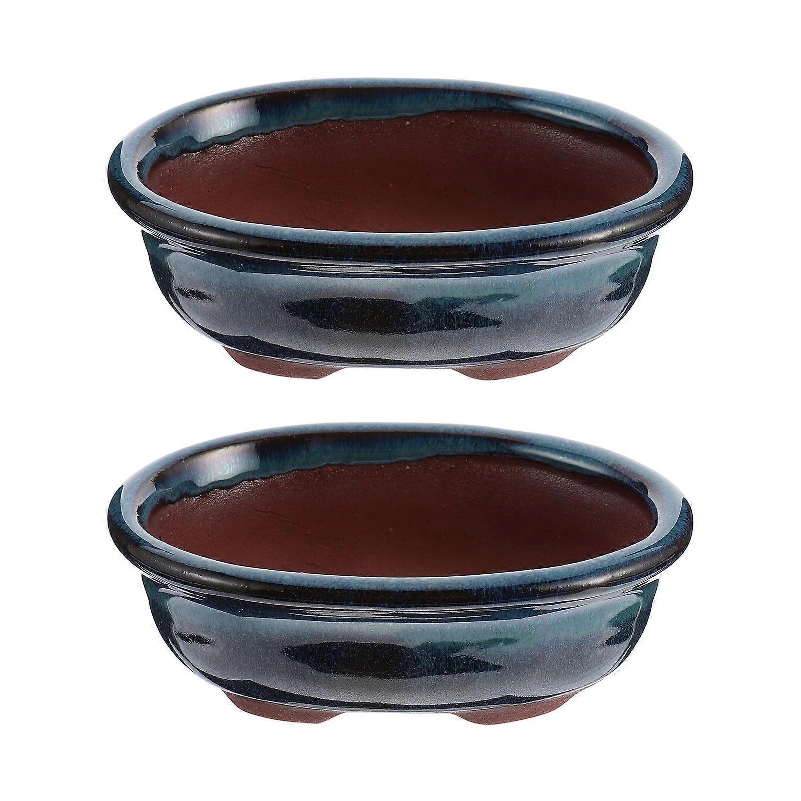 2 Stück Keramik-blumentöpfe, Glasiert, Im Chinesischen Stil, Fleischfarbene Blumentöpfe-10x6.5cm-blue