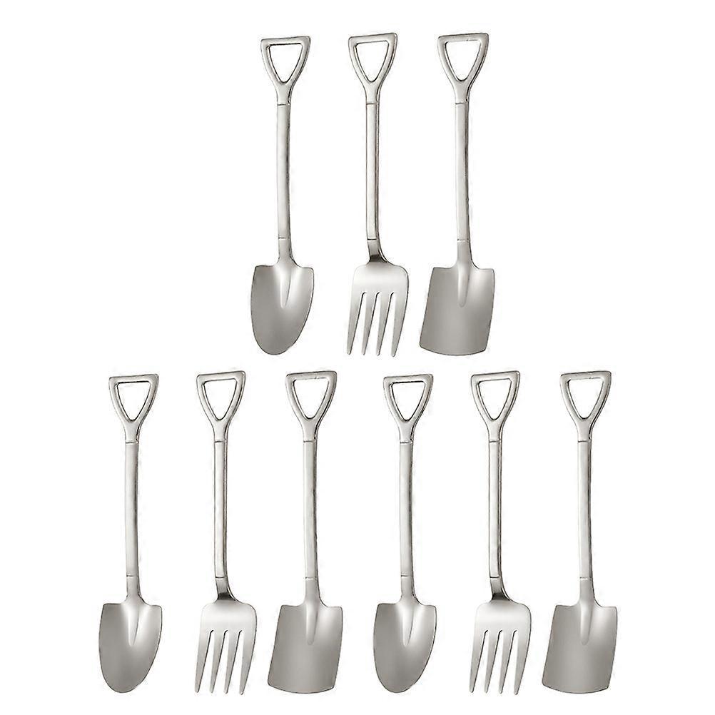 9-teiliges Set Aus Edelstahllöffeln In Spatenform, Dessertlöffel Und Dessertgabeln, Haushaltswaren-12.20x2.40x0.20cm-silver