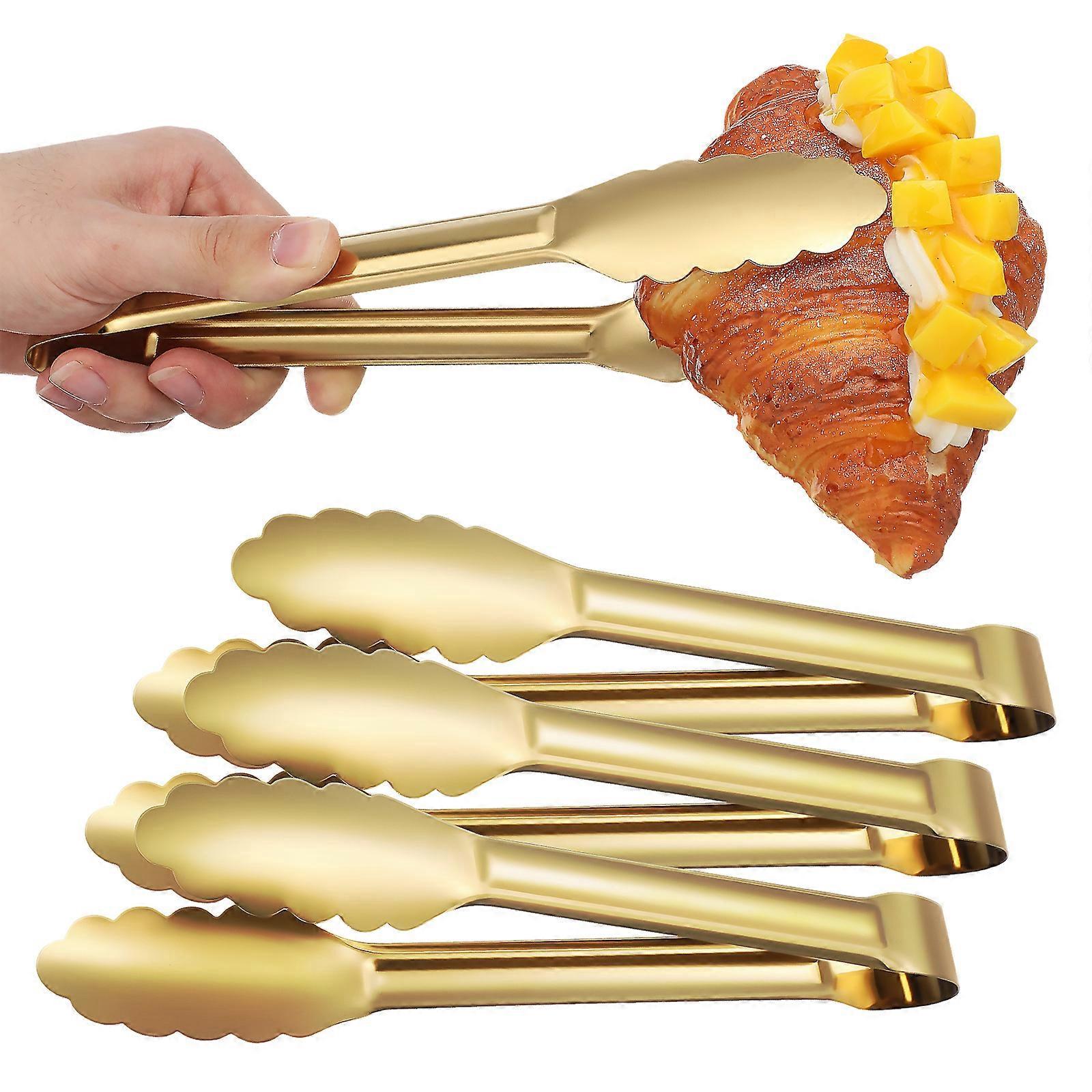 4-teiliges Servierzangen-set Aus Edelstahl, Buffetzange, Küchenzange, Toastzange, Speisezange, Salatbesteck-24.50x4.00x2.50cm-golden