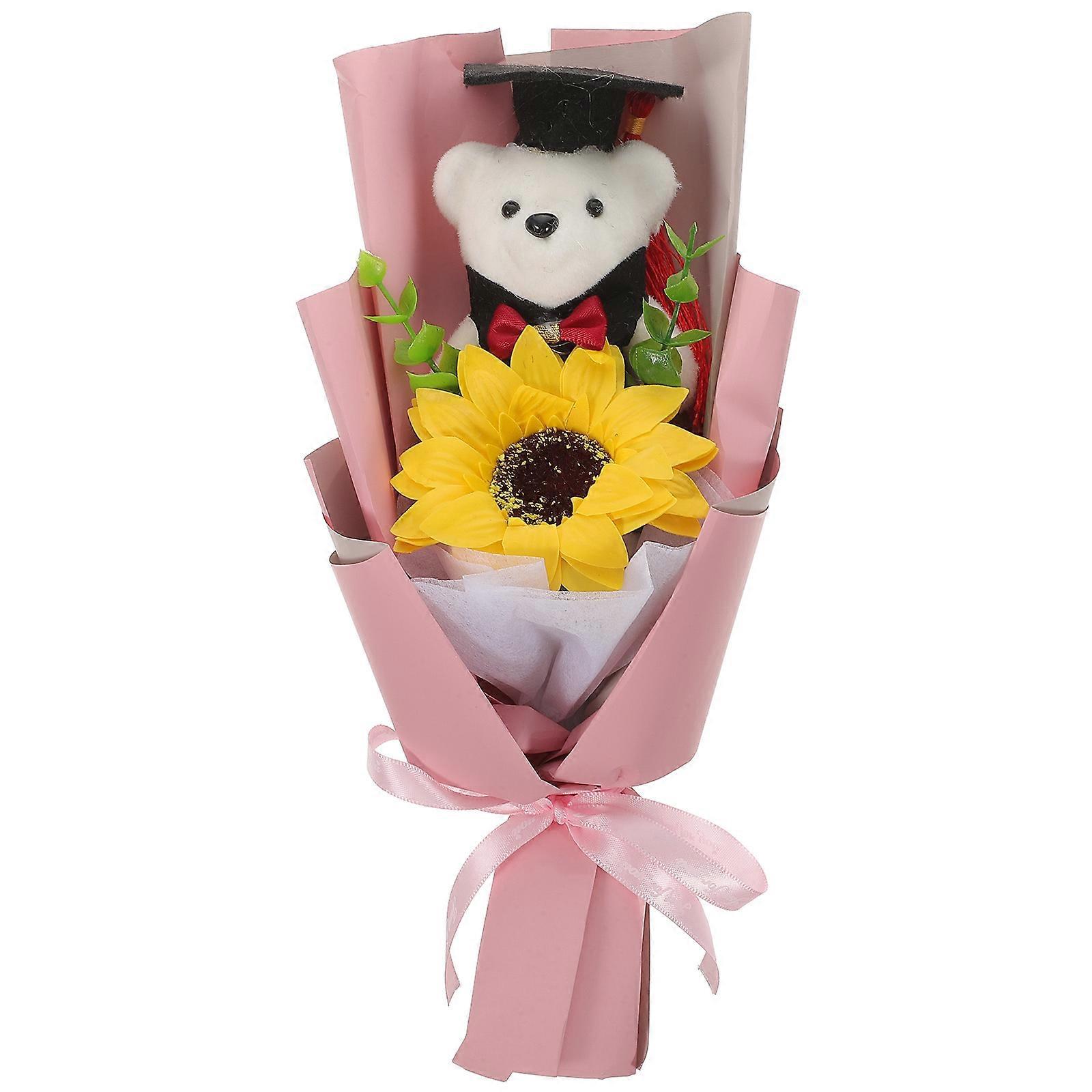 Blumenstrauß Mit Bärenmotiv, Sonnenblumenstrauß, Blumendekoration Zur Abschlussfeier-28.00x12.00x9.00cm-pink