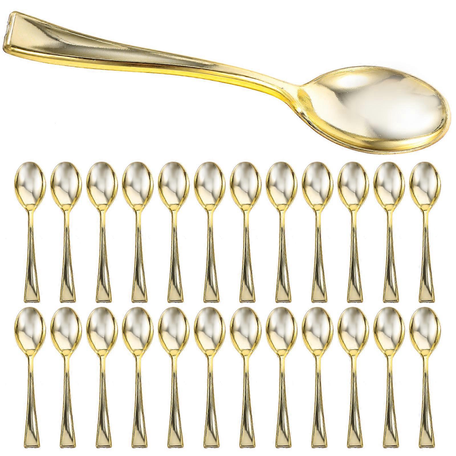 24 Mini-löffel Aus Kunststoff, Kuchenlöffel, Einweg-dessertlöffel, Eiscremelöffel Für Zuhause, Geschäft, Party-9.80x2.00x0.30cm-golden