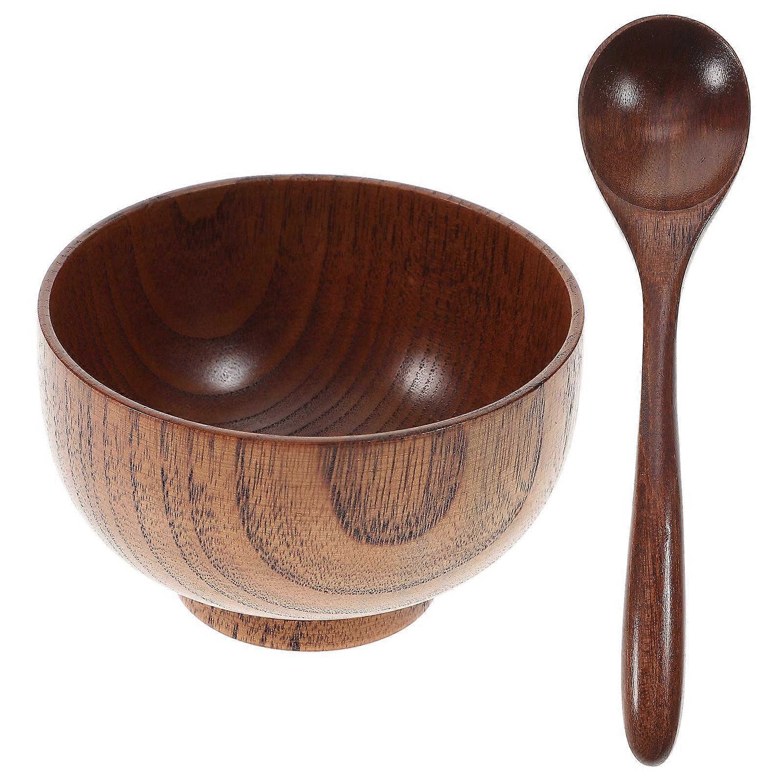 2-teiliges Reisschüssel- Und Löffelset Aus Holz, Umweltfreundliches Geschirr, Lebensmittelbehälter Für Restaurant Und Zuhause-9.50x9.50x6.50cm
