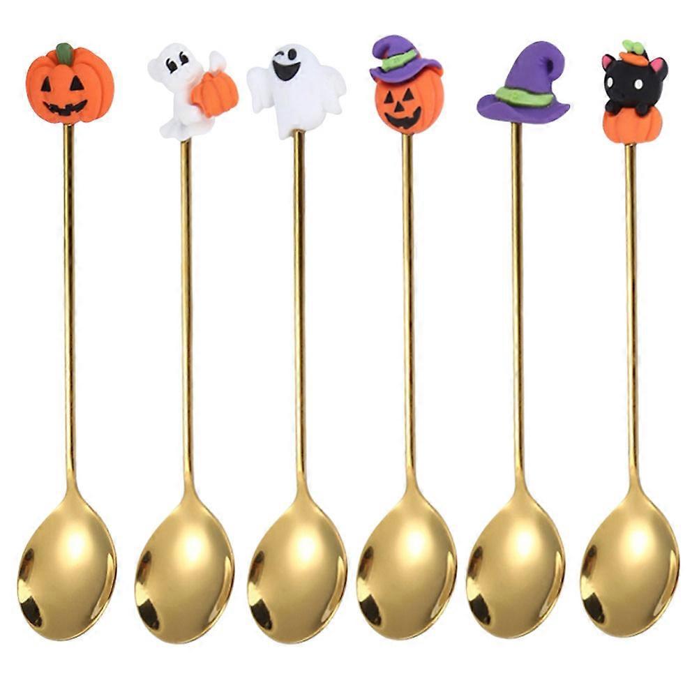 6-teiliges Set Edelstahllöffel Im Halloween-stil, Kuchenlöffel, Dessertlöffel, Geschirr-12.80x2.50x0.50cm-golden