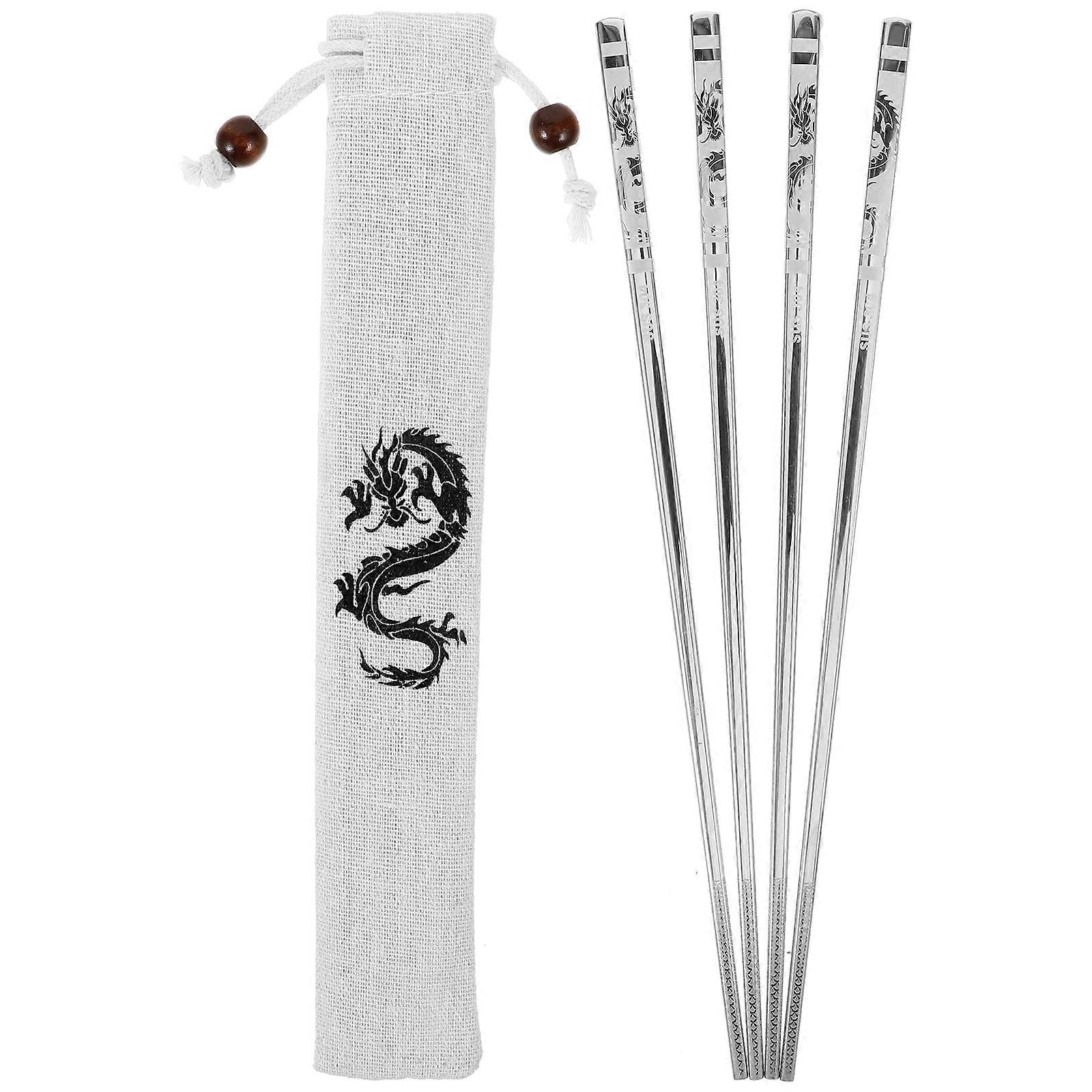 Set Essstäbchen, Küchengeschirr, Essstäbchen Mit Drachenmuster, Hitzebeständige Metall-essstäbchen Mit Tasche-23.50x0.50x0.50cm-silver