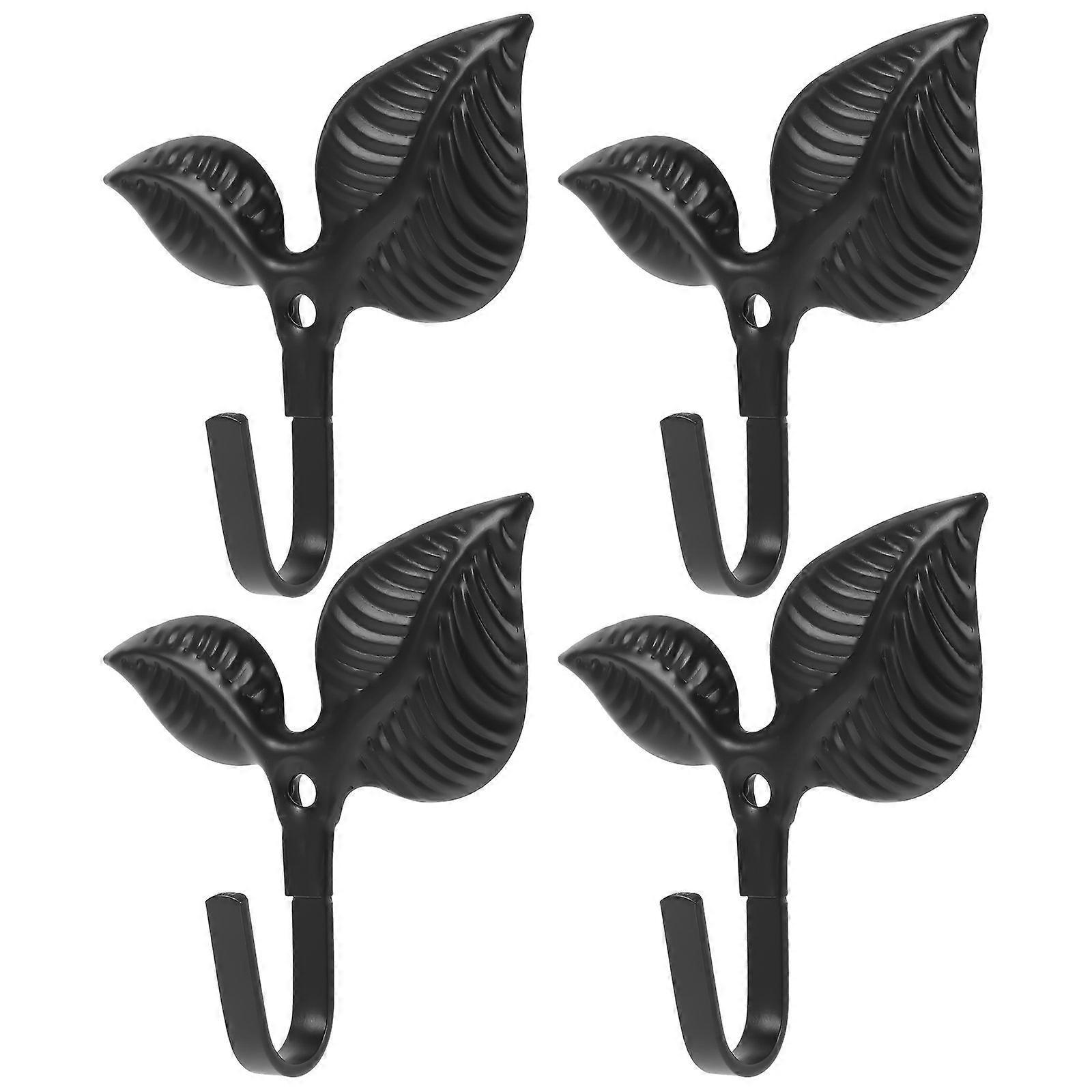 4er-set Wandhaken In Blattform, Rustikale Wandhaken Aus Schmiedeeisen, Dekorative Kleiderhaken, Metallhaken-7.50x7.00x2.40cm-black