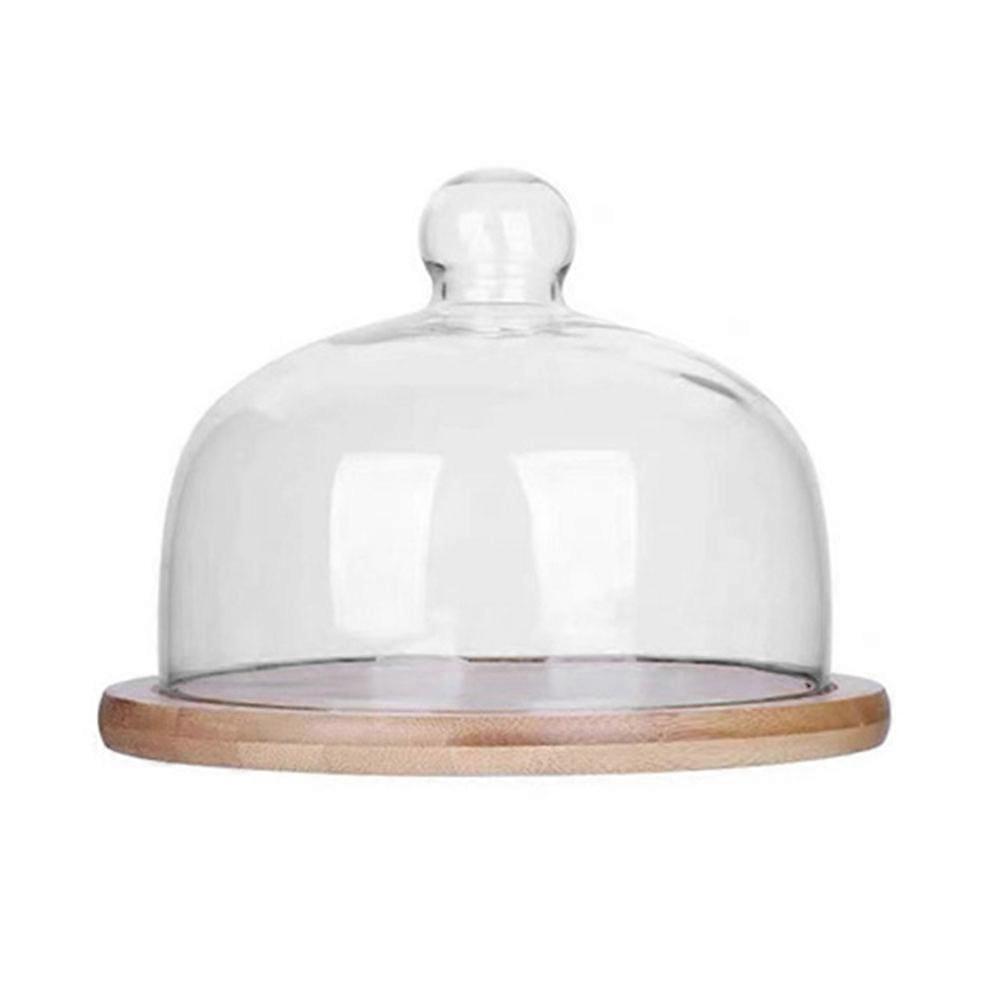 Set Bestehend Aus Einer Glas-kuchenhaube Und Einer Holzplatte Zur Speisenpräsentation Mit Staubschutz-12x12cm