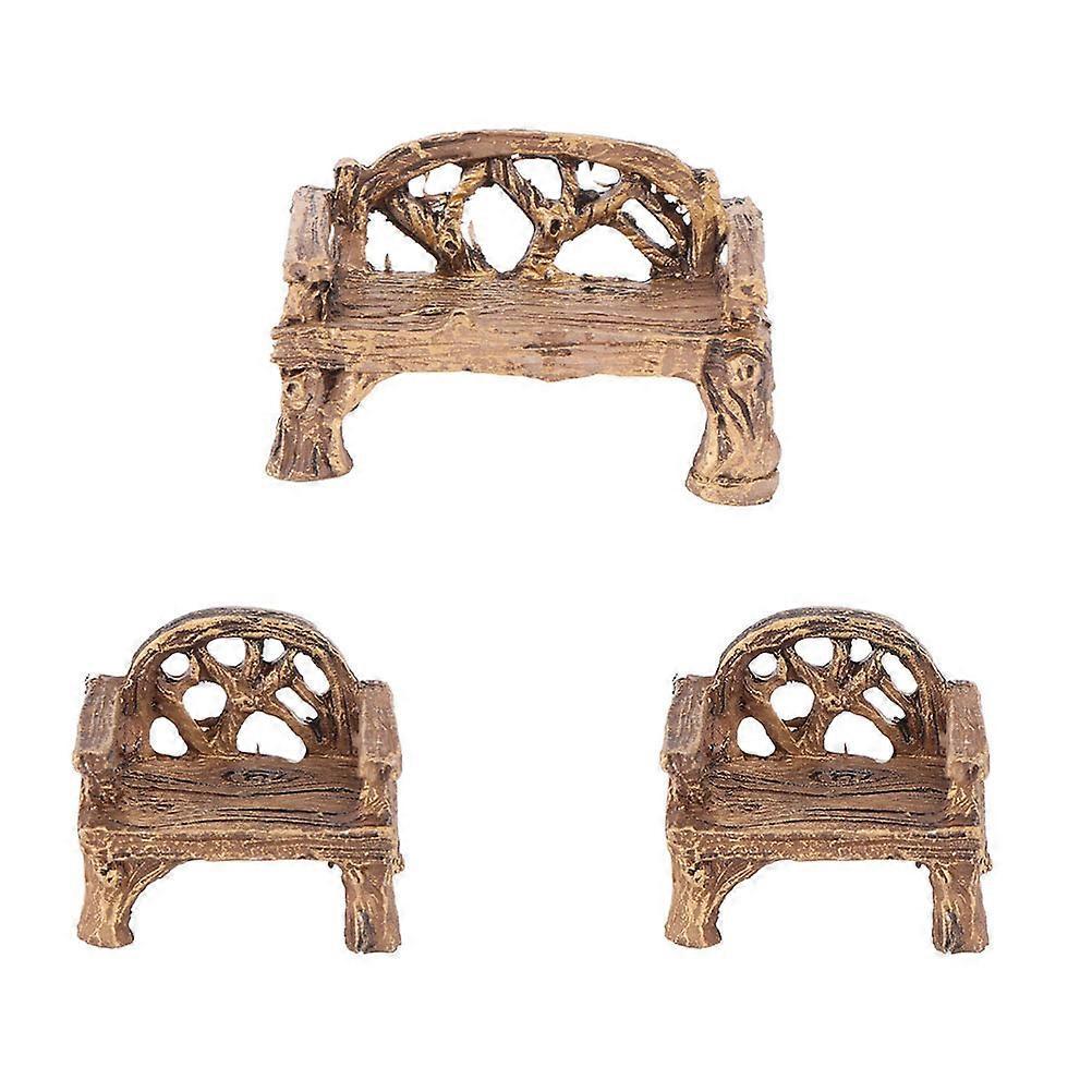 3-teiliges Mini-gartenmöbel-set Aus Kunstharz: Mini-bänke Und Stühle Zur Gartendekoration-5.00x3.00x3.00cm-brown