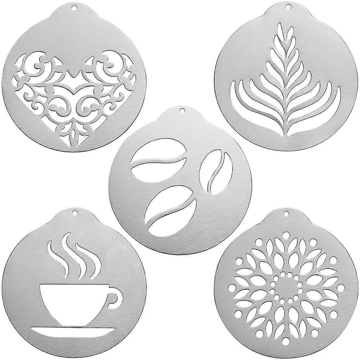 Bestonzon 5-teiliges Set Edelstahl-kaffee-schablonen, Barista-cappuccino-kunstvorlagen, Kaffeegirlandenform, Tortendekorationswerkzeug-9.10x8.50x0.20cm
