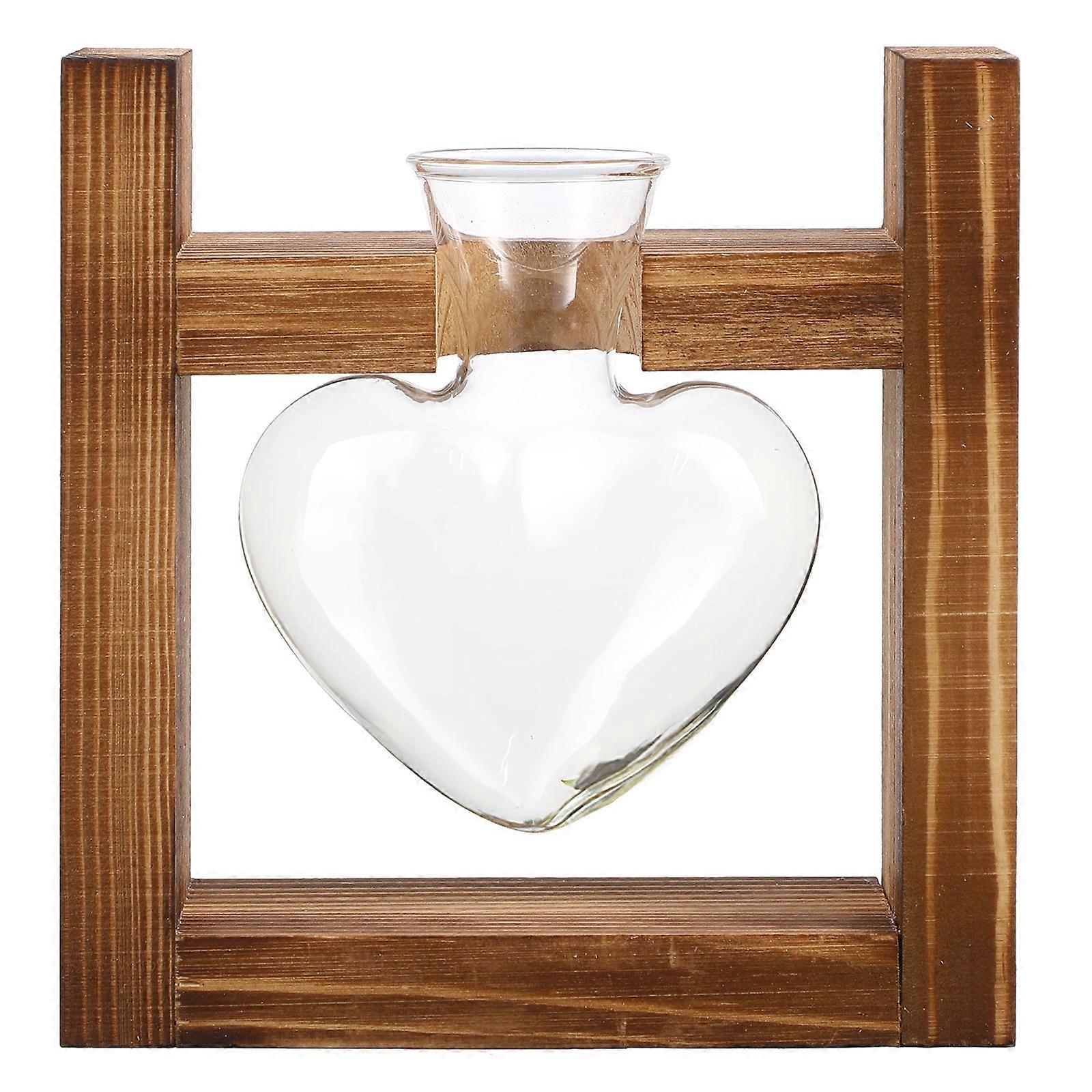 Stück Herzförmige Glasvase, Hydrokultur-pflanzgefäß Für Grüne Pflanzen, Blumenarrangements Mit Holzgestell (retro)-13.00x12.00x6.00cm