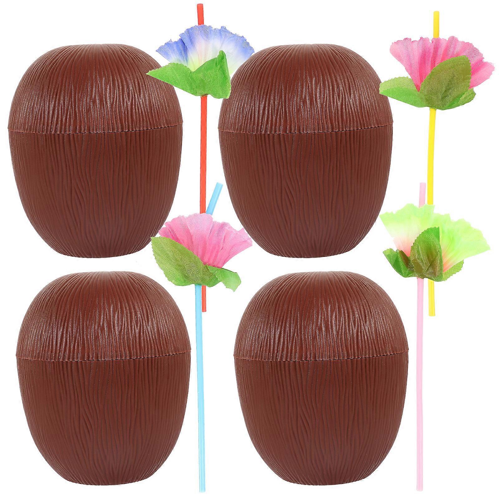 4er-pack Kokosnussbecher Mit Strohhalmen, Trinkbecher In Kokosnussform, Hawaiianische Partybecher-12.50x10.50x10.50cm