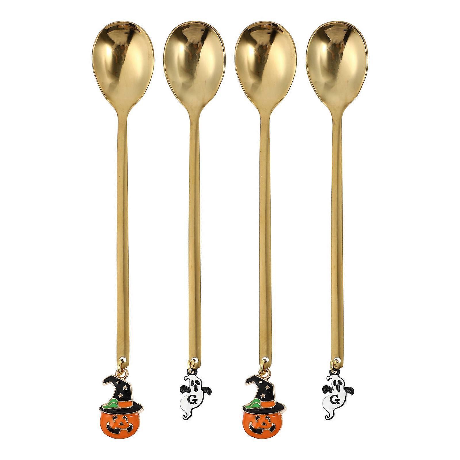 4 Halloween-kürbislöffel, Dessertlöffel, Rührlöffel (verschiedene Farben)-13.5x2.5cm-golden