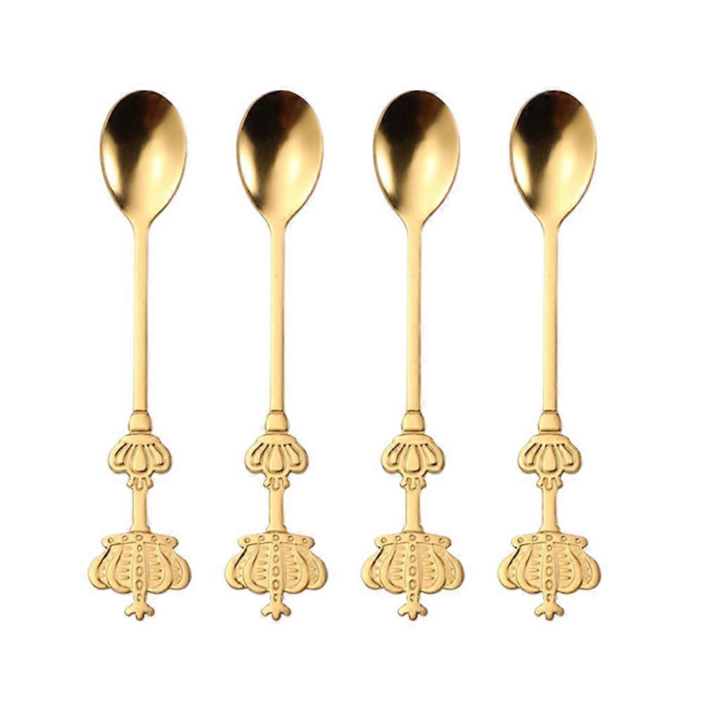 4-teiliges Set Edelstahllöffel: Kronenlöffel, Kaffeelöffel, Dessertlöffel, Zuckerlöffel-15.10x2.50x1.50cm-golden