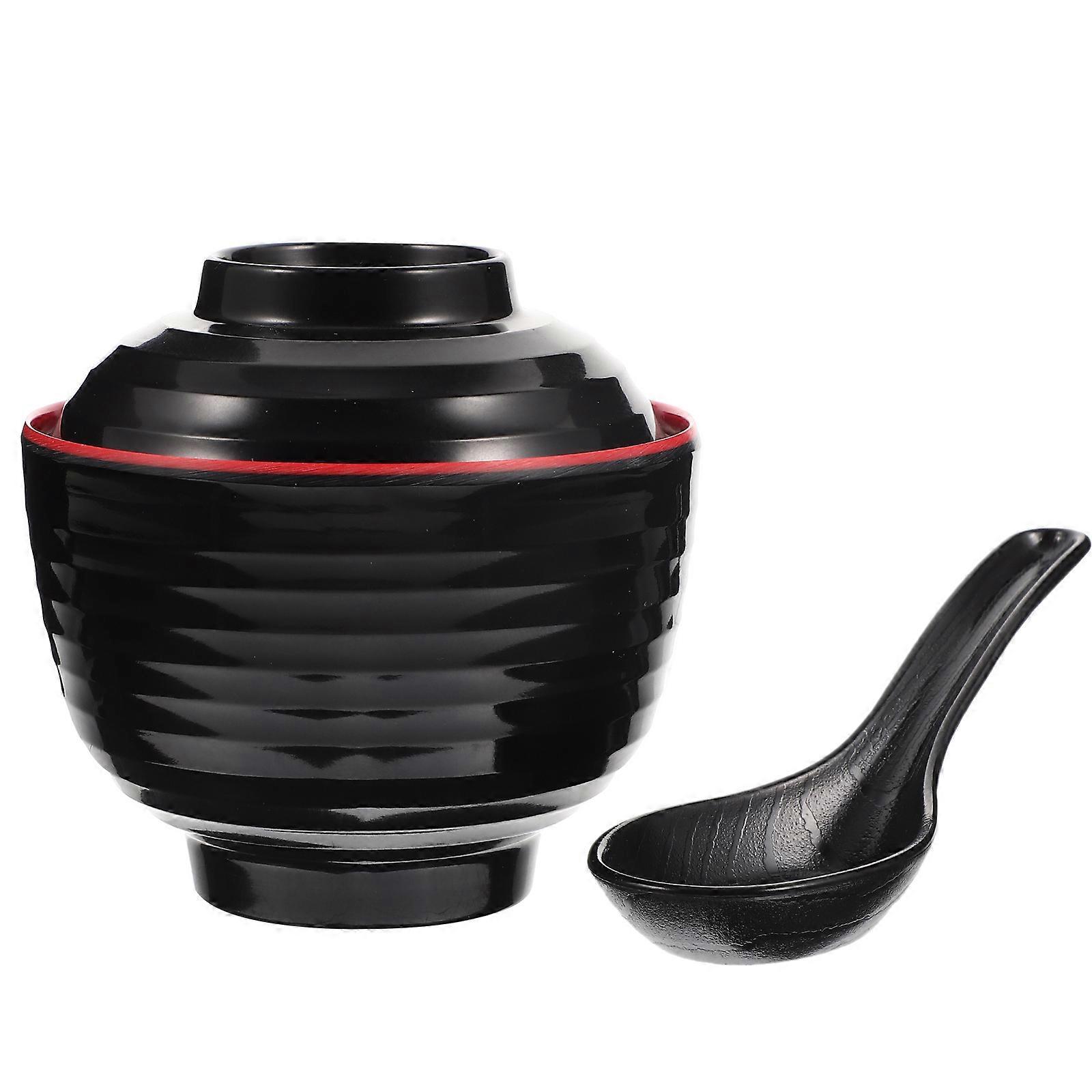 1 Set Japanische Miso-suppenschale Mit Löffel, Japanische Reisschale Mit Deckel-10.00x10.00x9.50cm-black