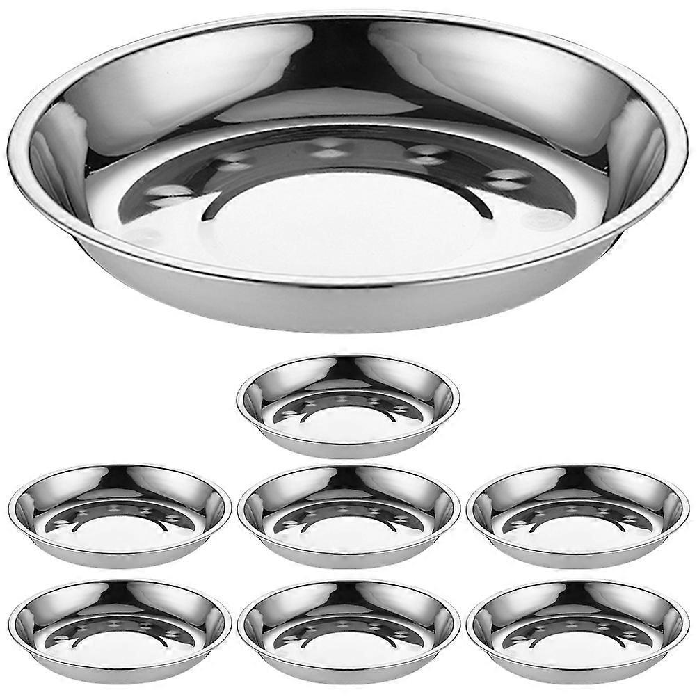 8-teiliges Set Runder Edelstahlteller, Speiseteller, Grillplatten, Servierteller-15.00x15.00x3.00cm-silver