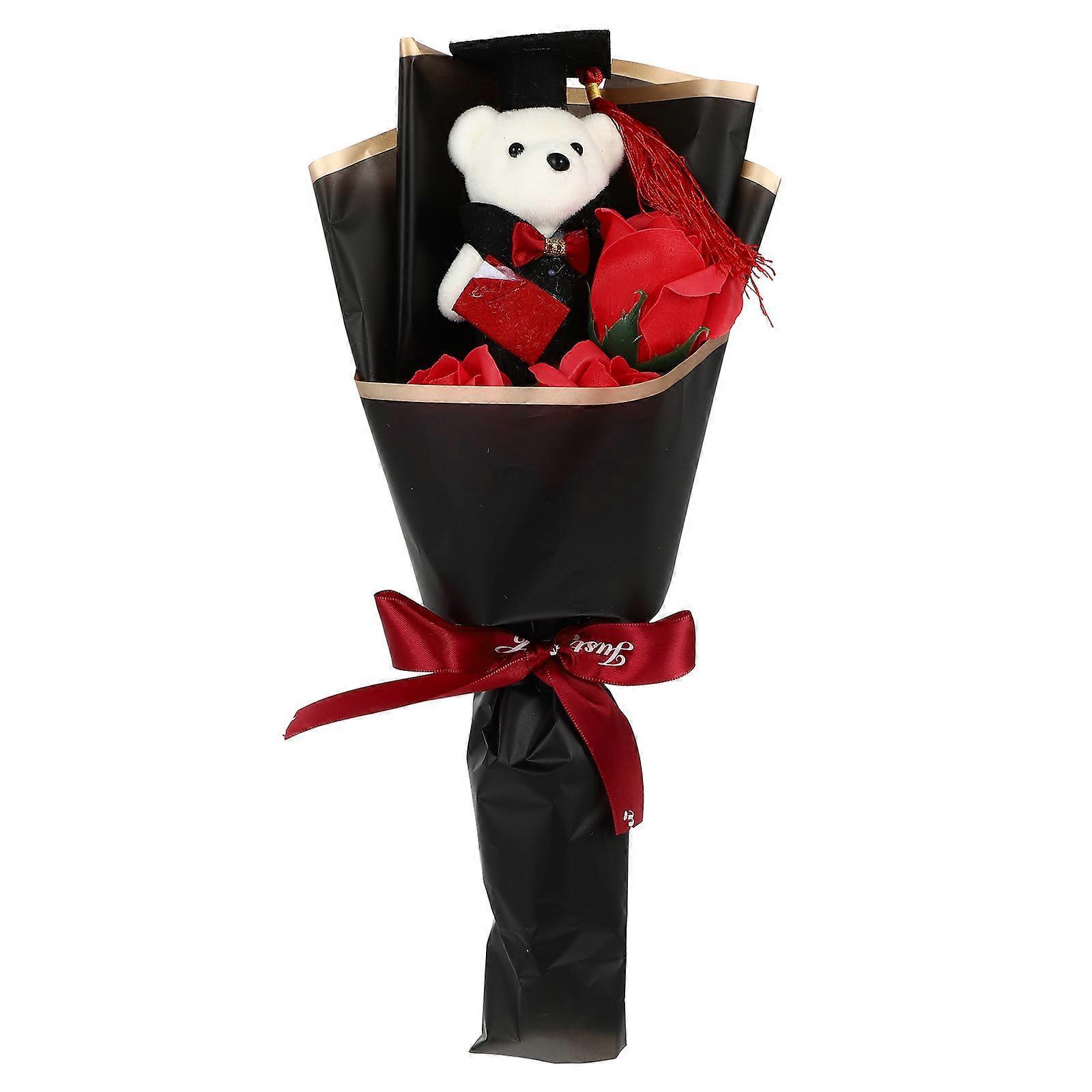 Niedlicher Bärenstrauß, Abschlussgeschenk, Bärenpuppe, Einzigartiger Blumenstrauß Zur Dekoration-36.00x16.00x8.00cm-red