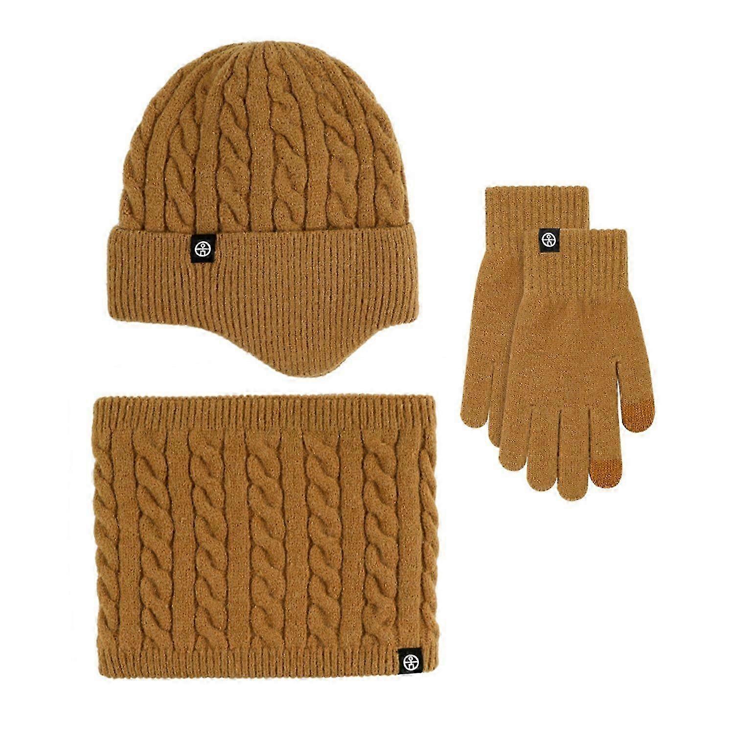 3-teiliges Set Für Damen Mittleren Alters: Wintermütze, Schal, Handschuhe, Dicke Strickmütze Mit Ohrenschutz-dark Khaki