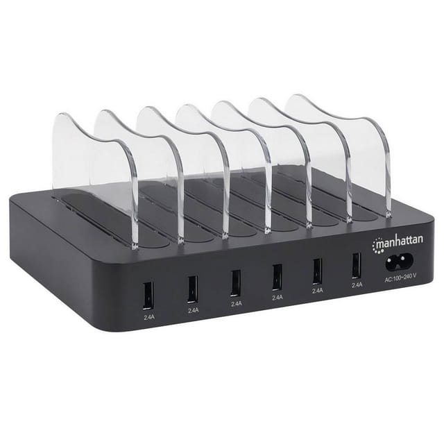 IC INTRACOM Manhattan Charging Station 6x USB-A Ports Outputs: 6x 2.4A Smart IC LED Indicator Lights Black Three Year Warranty Box