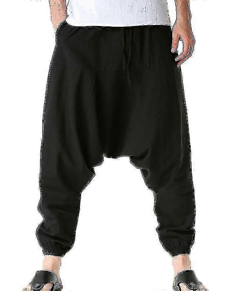 Hippie-haremshose Für Herren, Baggy-stil, Leinen, Boho-stil, Yoga-freizeithose Mit Tiefem Schritt, A-good-s-black