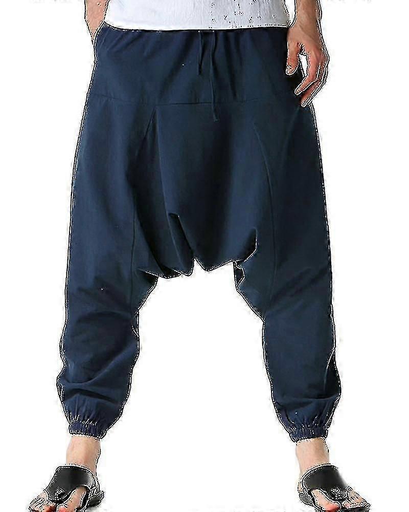 Hippie-haremshose Für Herren, Baggy-stil, Leinen, Boho-stil, Yoga-freizeithose Mit Tiefem Schritt, A-good-xl-blue