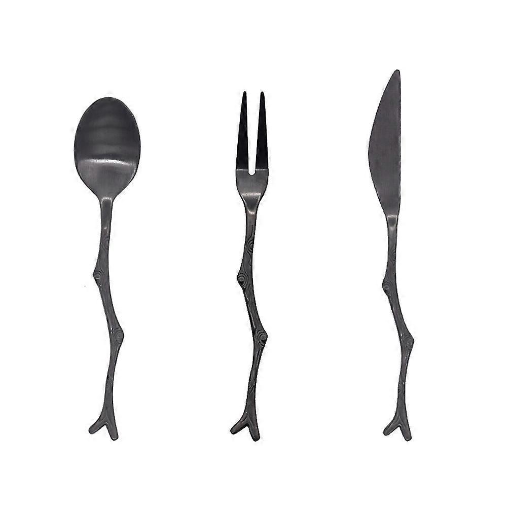 3-teiliges Löffel- Und Gabelset Aus Edelstahl Im Vintage-stil, Obstbesteck Im Ast-design Für Zuhause Und Restaurant (schwarz)-13.80x1.20x0.25cm