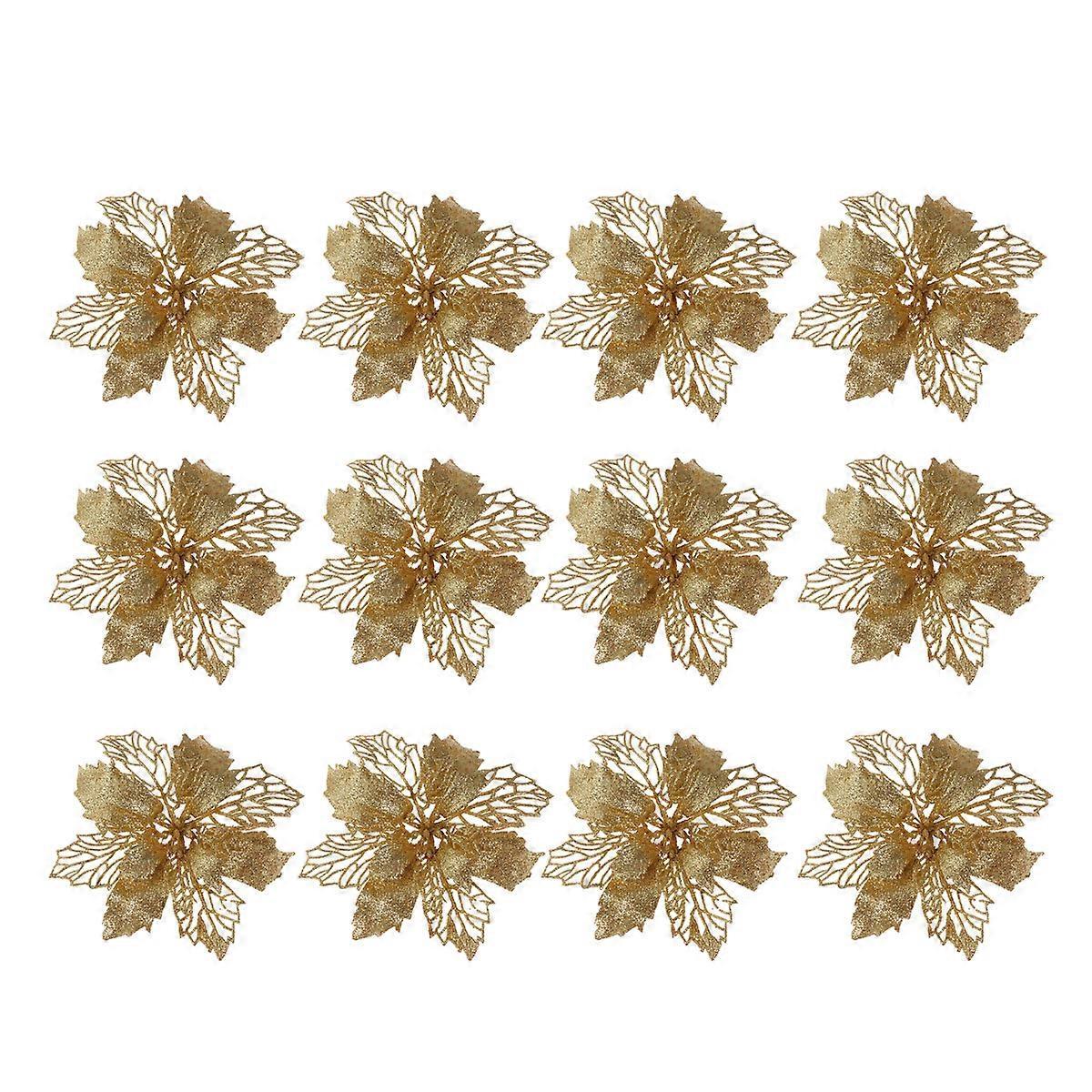 12 Stück Glitzernde Weihnachtssternblüten, Hohle Künstliche Blumen, Weihnachtsbaumschmuck, Anhänger (gold)-14.5x14.5cm-golden