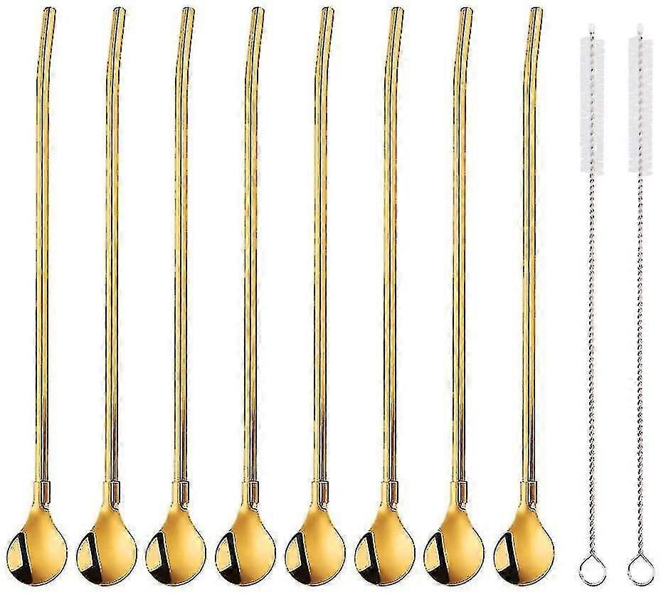 8er-pack Wiederverwendbare Edelstahl-trinkhalme Und -löffel Mit 2 Reinigungsbürsten. Goldener Cocktail-löffel Für Latte Macchiato, Dünn Und Mit Langem Griff (21,5 Cm).