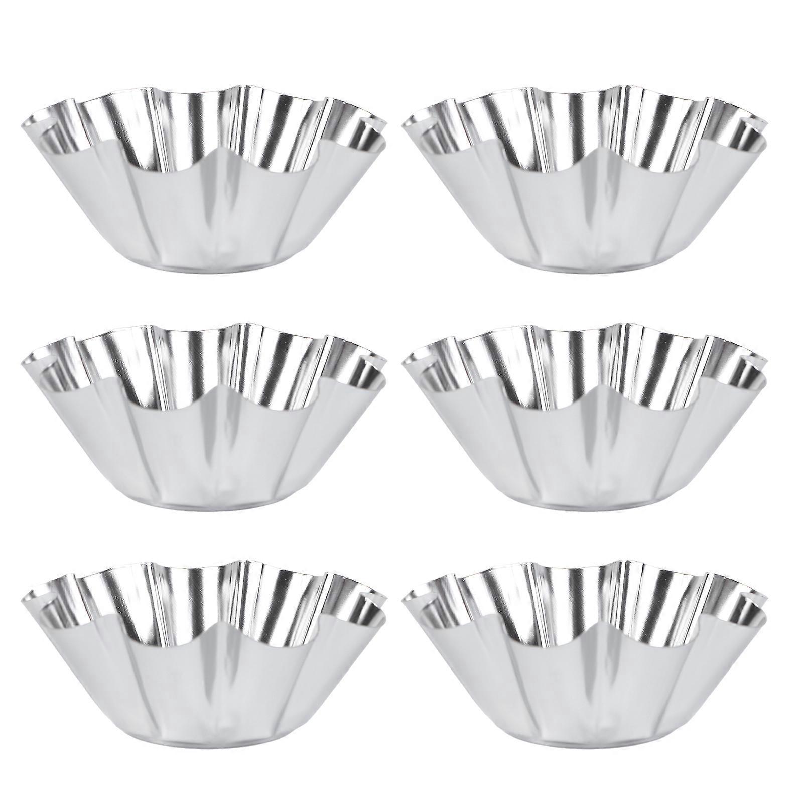 6-teiliges Set Aus Eleganten, Praktischen Edelstahl-tarteformen Mit Blumenmuster, Wiederverwendbaren Cupcake- Und Muffinförmchen Für Die Küche (silber)-6.10x6.10x2.30cm-silver