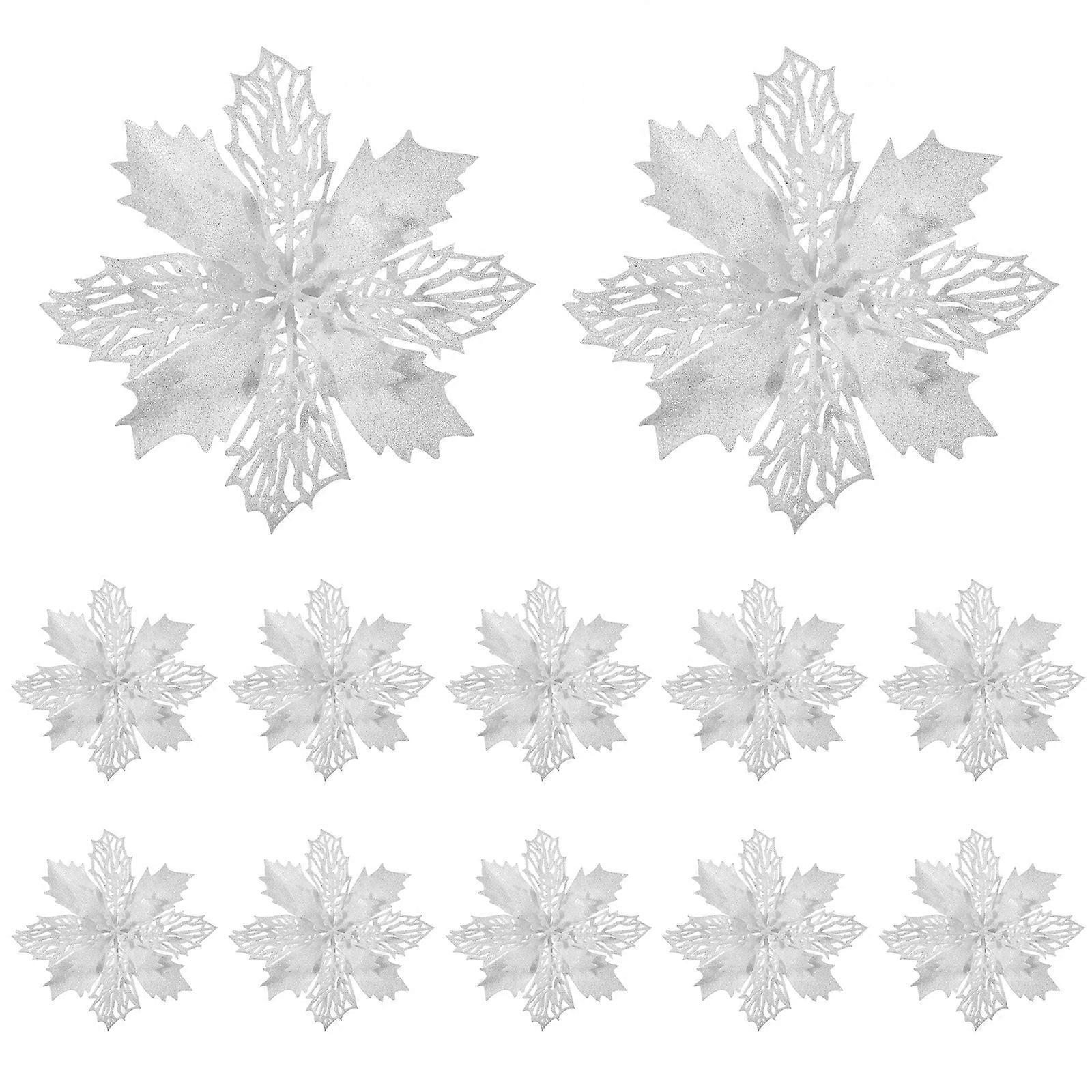 Toyandona 12 Stück Glitzernde Weihnachtssternblumen Künstliche Hohlblumen Ornamente Heim- Und Partydekoration (weiß)-white
