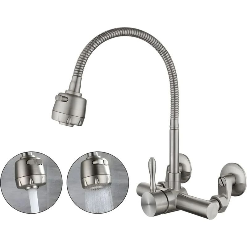 Wandmontierte Küchenarmatur Aus Edelstahl 304, 360° Schwenkbar, Befestigungsabstand 12–18 Cm, Keramik-luftsprudler