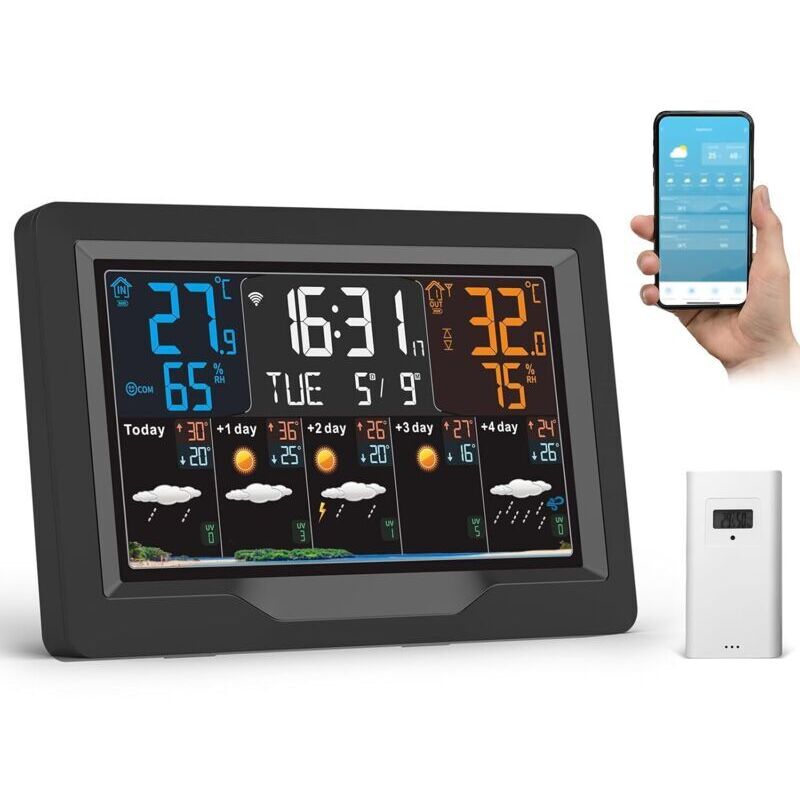 Drahtlose Wetterstation Mit Außensensor, Farbdisplay, Thermometer Und Hygrometer, Wettervorhersagefunktion, Batteriebetrieben Und Inklusive Netzteil.