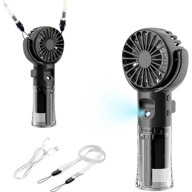 Mini-handventilator Mit Usb-anschluss, 4 Geschwindigkeitsstufen, 3-in-1-funktion Mit Wassersprühfunktion, 180° Faltbar, Mit Trageschlaufe Für Büro Und Reisen, Schwarz