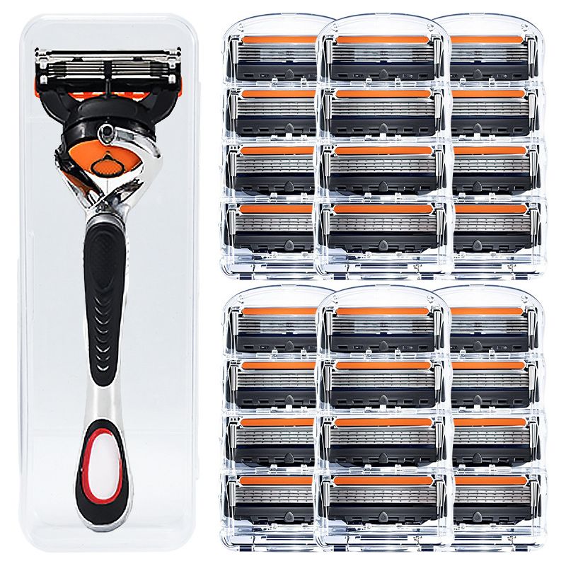 5-klingen-handrasierer – Klassischer Herrenrasierer Mit Schwenkbarem Kopf (1 Rasierergriff + 24 Orange Und Schwarze Klingen + Etui)