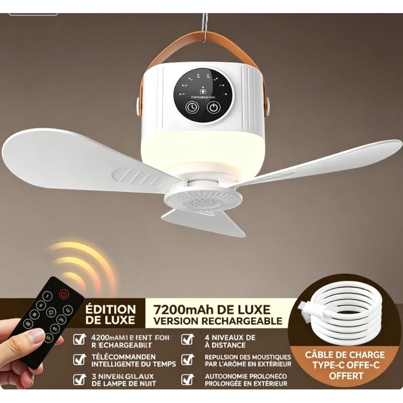 Tragbarer Ventilator Mit Fernbedienung – Leiser Usb-ventilator (7200 Mah) Mit 4 Geschwindigkeitsstufen Und 3 Warmen Lichtfarben – Hängender Reiseventilator Mit Timer