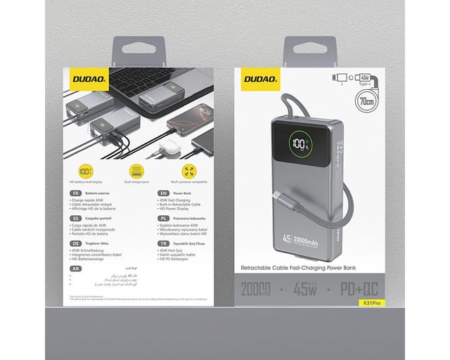 Dudao K31 Pro 45W 20000mAh Power Bank with Built-in Retractable USB-C Cable - Gray Powerbank (Akku) - Grau - 20000 mAh
