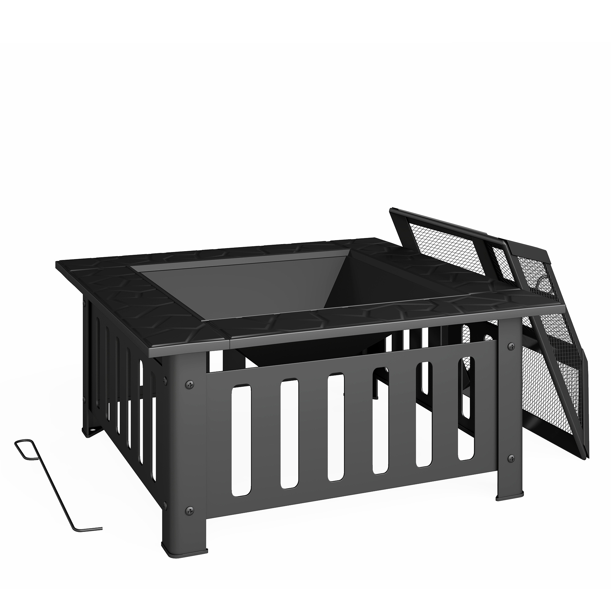 Feuerschale Aus Stahl Feuerstelle Mit Funkenschutz Schürhaken Für Outdoor Bbq Camping 67x67x47cm Schwarz