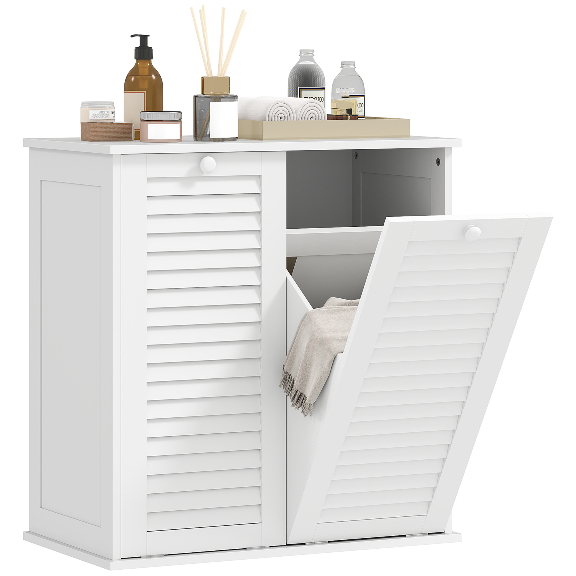 Badezimmerschrank Mit Wäschekorb, Holzschrank Mit Lamellentüren, 2 Körbe, 70 X 38 X 73 Cm, Weiß