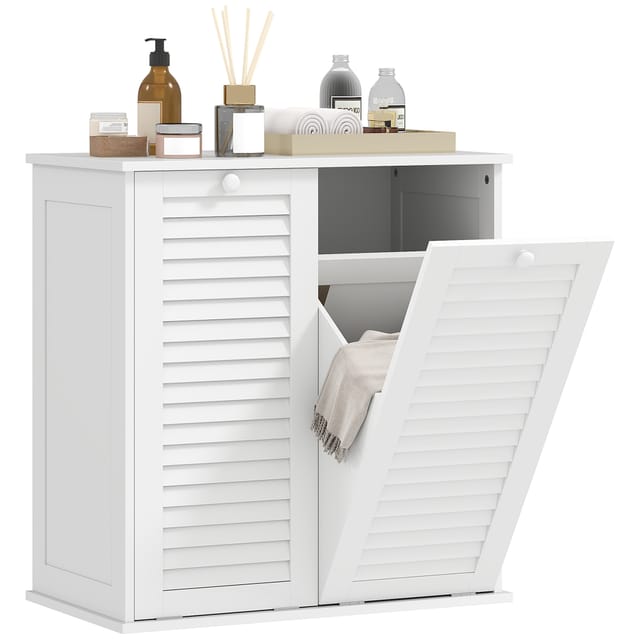 Badezimmerschrank Mit Wäschekorb, Holzschrank Mit Lamellentüren, 2 Körbe, 70 X 38 X 73 Cm, Weiß
