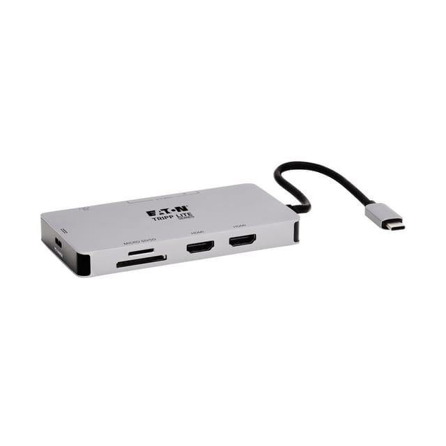 Tripp Lite Eaton Series USB-C Dock Dual Display - 4K 60 Hz HDMI USB 3.2 Gen 1 USB-A Hub GbE Memory Card 100W PD Charging Gray