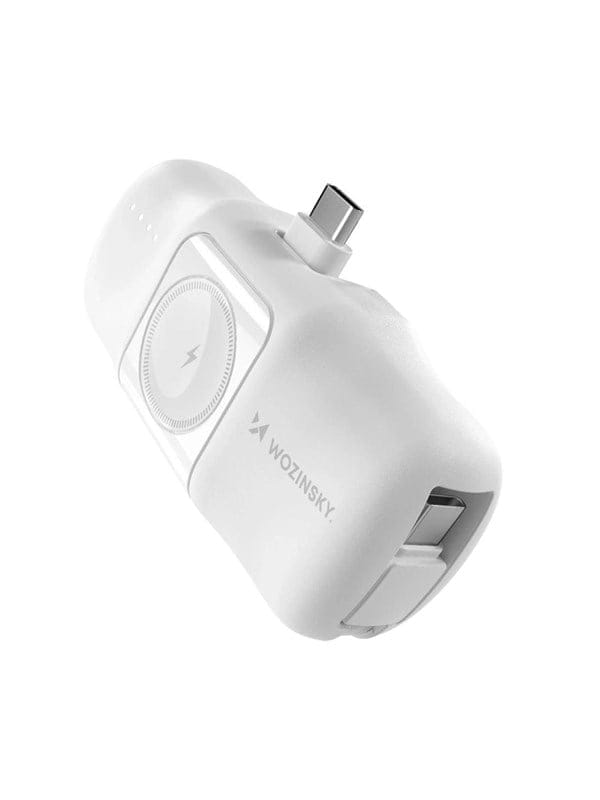 Wozinsky WF16-YCS 5000mAh 15W USB-C Mini Power Bank with Built-in USB-C Cable and Apple Watch Charger - White Powerbank (Akku) - Weiß - 5000 mAh