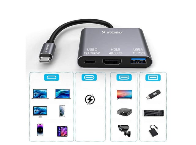 Wozinsky WHCH-01 USB-C PD 100W HDMI 4K@30Hz USB-A 10Gbps Hub - Grey USB-Hubs - USB 3.0 - 3 - Grau