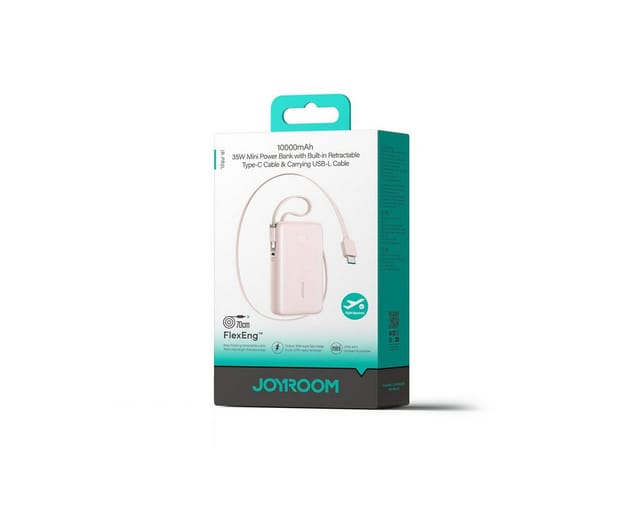 Joyroom JR-PR2L 10000mAh 35W Power Bank with Built-in Retractable USB-C Cable and Lightning Lanyard Cable - Pink Powerbank (Akku) - Pink - 10000 mAh