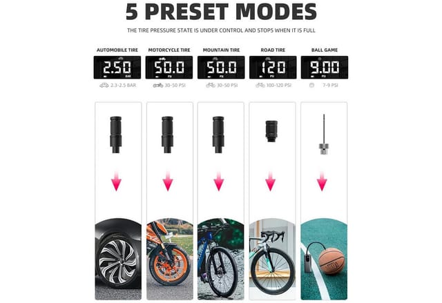 Rockbros 42720001001 Electric Bike Pump with LED Display + USB-C - USB-A Cable - Black