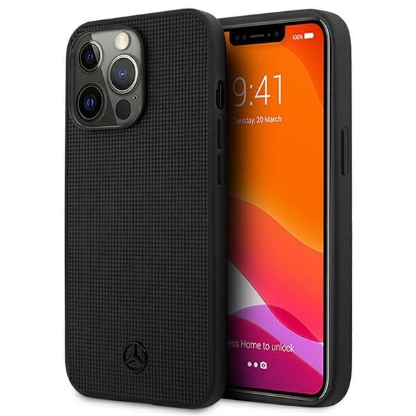 Mercedes Leather Meshed Metal Logo Case for iPhone 13 Pro / iPhone 13 - Black